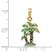 14 Karat Yellow Gold 3D Enameled Palm Trees Pendant Product Scale View Size 25 mm x 13 mm 0.98 inch x 0.51 inch 1.92 grams 14KPPT190YYKK-QG K2890