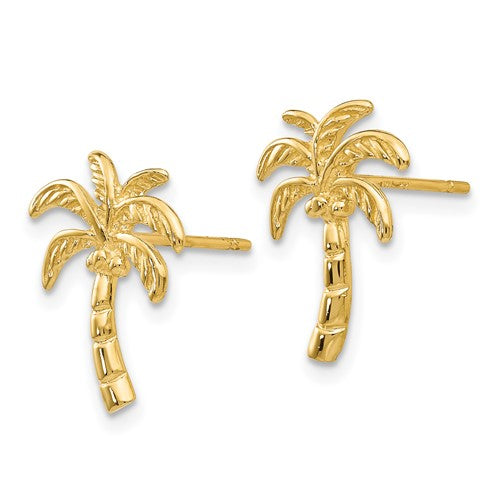 14 Karat Yellow Gold Palm Tree Friction Post Earrings Product Angle View Size 14 mm x 11 mm 1.21 grams
