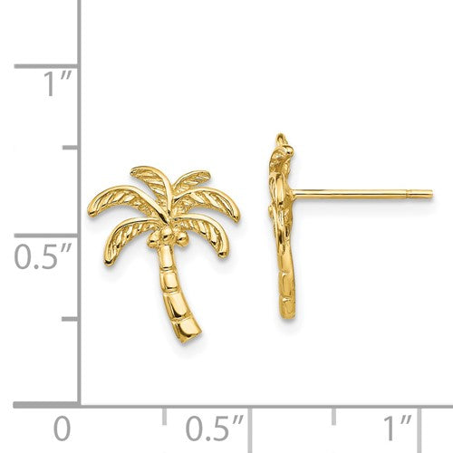 14 Karat Yellow Gold Palm Tree Friction Post Earrings Product Scale View Size 14 mm x 11 mm 1.21 grams