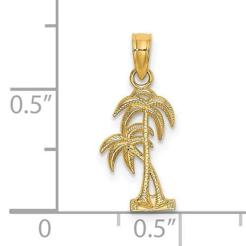 14 Karat Yellow Gold Textured Double Offset Palm Tree Charm Product Scale View 14 mm x 9 mm 0.55 inch x 0.35 inch 0.58 grams K7392