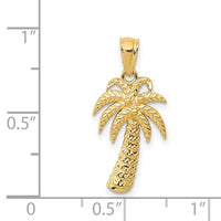 14 Karat Yellow Gold Textured Polished Trunk Thick Palm Tree Pendant Product Scale View 23 mm x 11 mm 0.91 inch x 0.43 inch 0.96 grams K6077--8