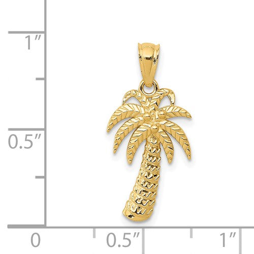 14 Karat Yellow Gold Textured Polished Thick Trunk Palm Tree Pendant Product Scale View 23 mm x 11 mm 0.91 inch x 0.43 inch 0.96 grams K6077--8