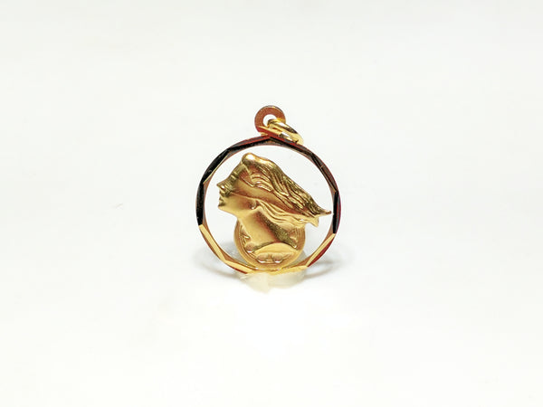 In the center: a framed profile of a blindfolded Lady Justice medallion style pendant in 14 karat yellow gold standing up facing viewer made by Popular Jewelry in New York City