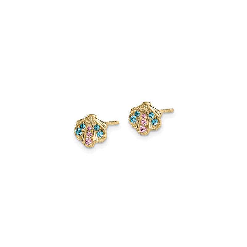 Blue and Pink CZ Seashell Stud Earrings (14K) side - Popular Jewelry - New York