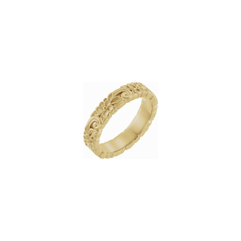 Floral Textured Slim Band yellow (14K) main - Popular Jewelry - New York