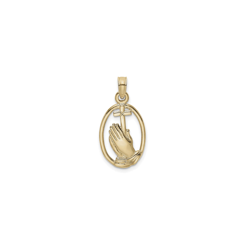 Golden Praying Hands with Cross Oval Pendant (14K) front - Popular Jewelry - New York