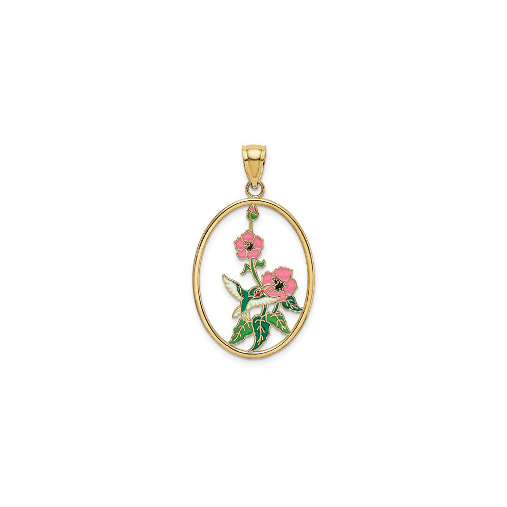 Hummingbird and Petunia Flowers Oval Frame Pendant (14K) main - Popular Jewelry - New York