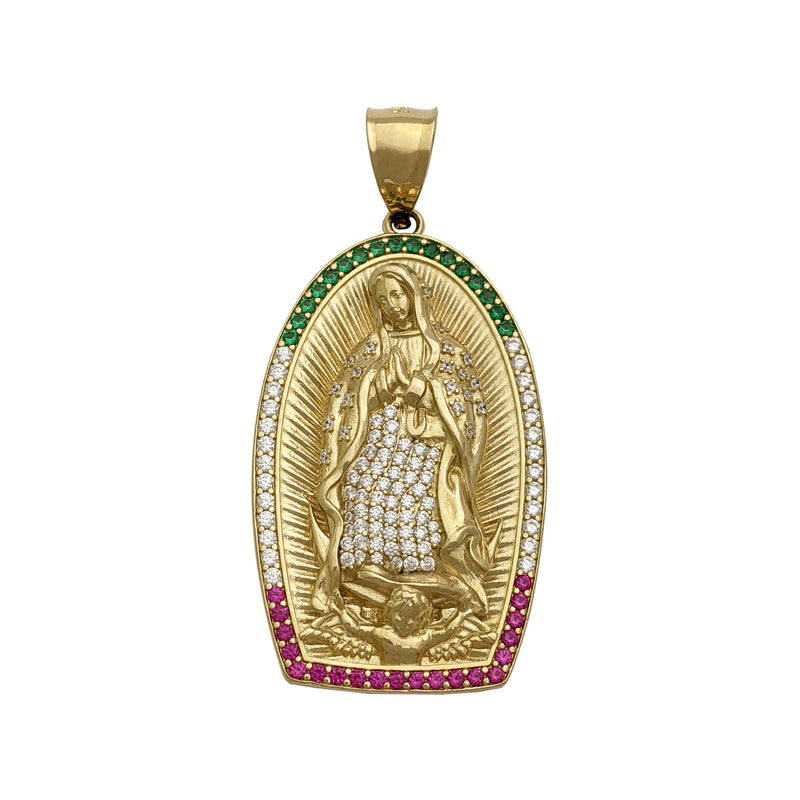 Iced Guadalupe Mexican Shrine Pendant large (14K) front - Popular Jewelry - New York