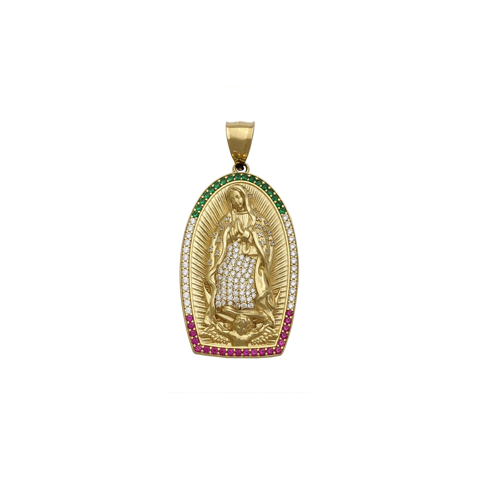 Iced-Out Mexican Shrine Virgin Mary Lady of Guadalupe Pendant (14K