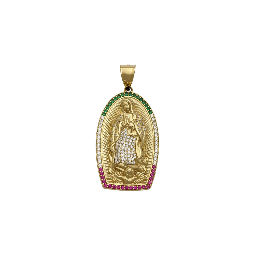 Iced Guadalupe Mexican Shrine Pendant small (14K) front - Popular Jewelry - New York