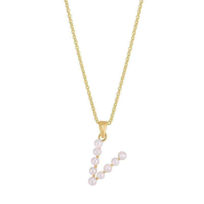 Pearl Initial Letter Necklace V (14K) front - Popular Jewelry - New York
