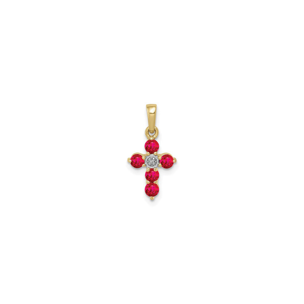 Petite Round Ruby and Diamond Cross Pendant (14K) front - Popular Jewelry - New York