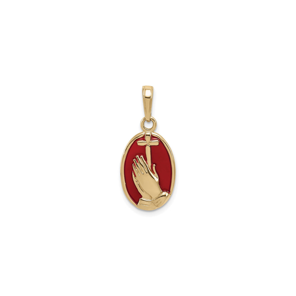 Praying Hands with Cross Oval Pendant (14K) front - Popular Jewelry - New York
