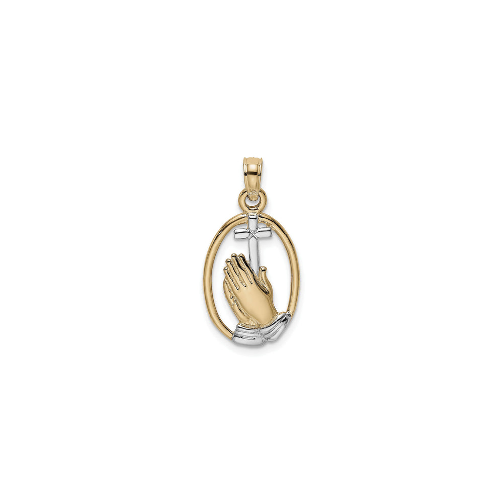 Praying Hands with Cross Two-Tone Oval Pendant (14K) front - Popular Jewelry - New York