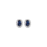 蓝色蓝宝石和白色钻石椭圆形光环耳钉 (14K) 正面 - Popular Jewelry  - 纽约
