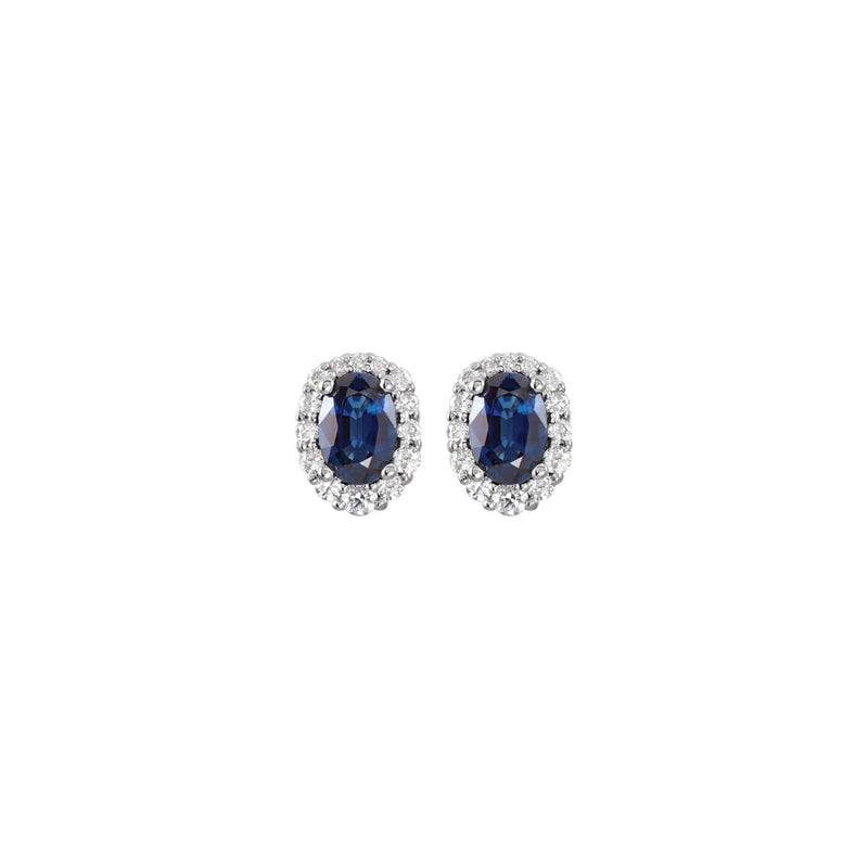 Blue Sapphire and White Diamonds Oval Halo Stud Earrings (14K) front - Popular Jewelry - New York