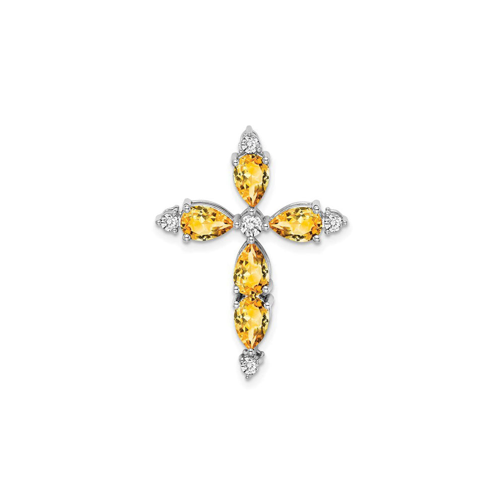 Pear-Cut Yellow Citrine and Diamond Cross Pendant (14K) front - Popular Jewelry - New York