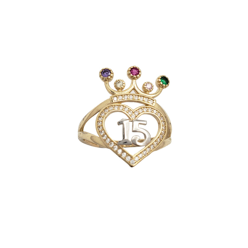 15th Birthday Quinceanera Heart & Crown Ring (14K)