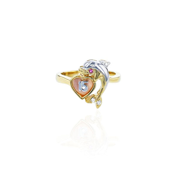 Dolphin "15" Heart CZ Ring (14K)