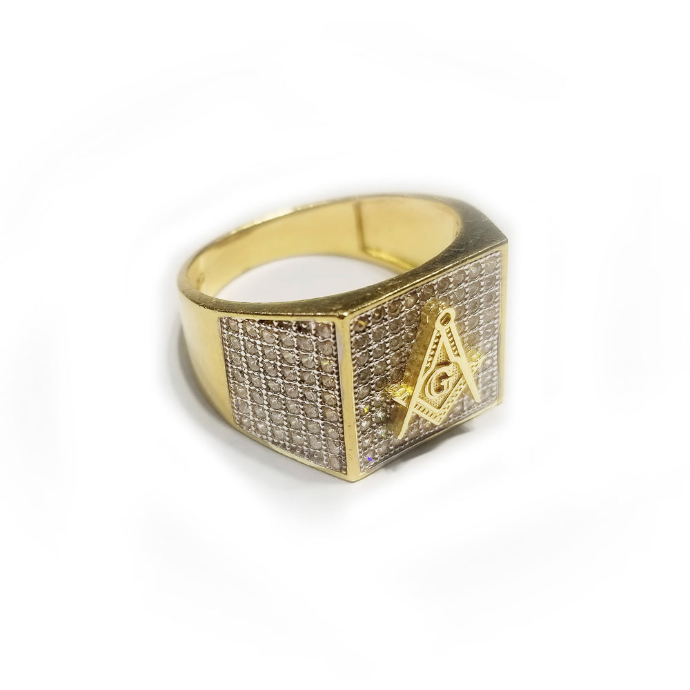 Iced-Out Square Signet Masonic Ring (14K)