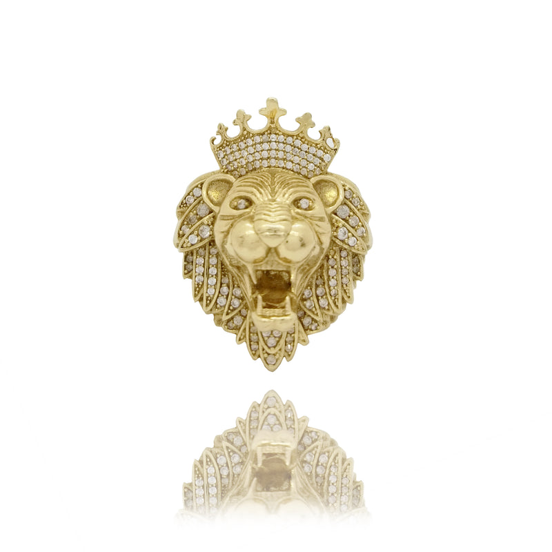 Cubic Zirconia (CZ) Crowned Lion (King of Jungle) Yellow Gold Ring (14K)