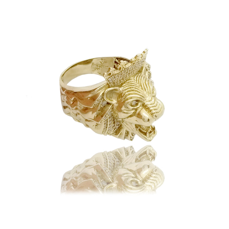 Cubic Zirconia (CZ) Crowned Lion (King of Jungle) Yellow Gold Ring (14K)