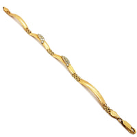CZ Leaf Design Over Bar & Mesh Yellow Gold Bracelet (14K).