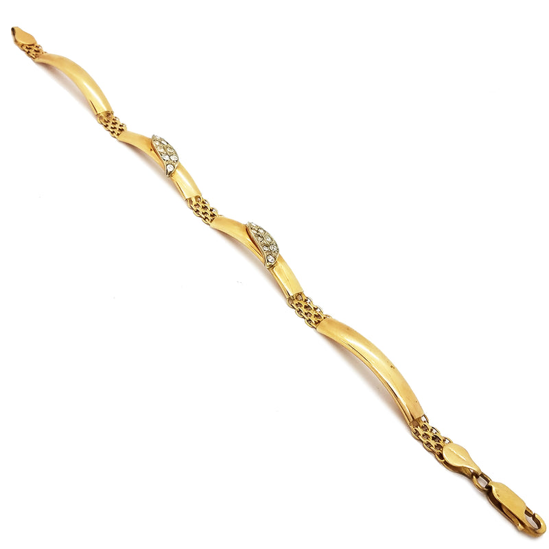 CZ Leaf Design Over Bar & Mesh Yellow Gold Bracelet (14K)