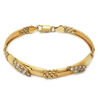 CZ Leaf Design Over Bar & Mesh Yellow Gold Bracelet (14K).