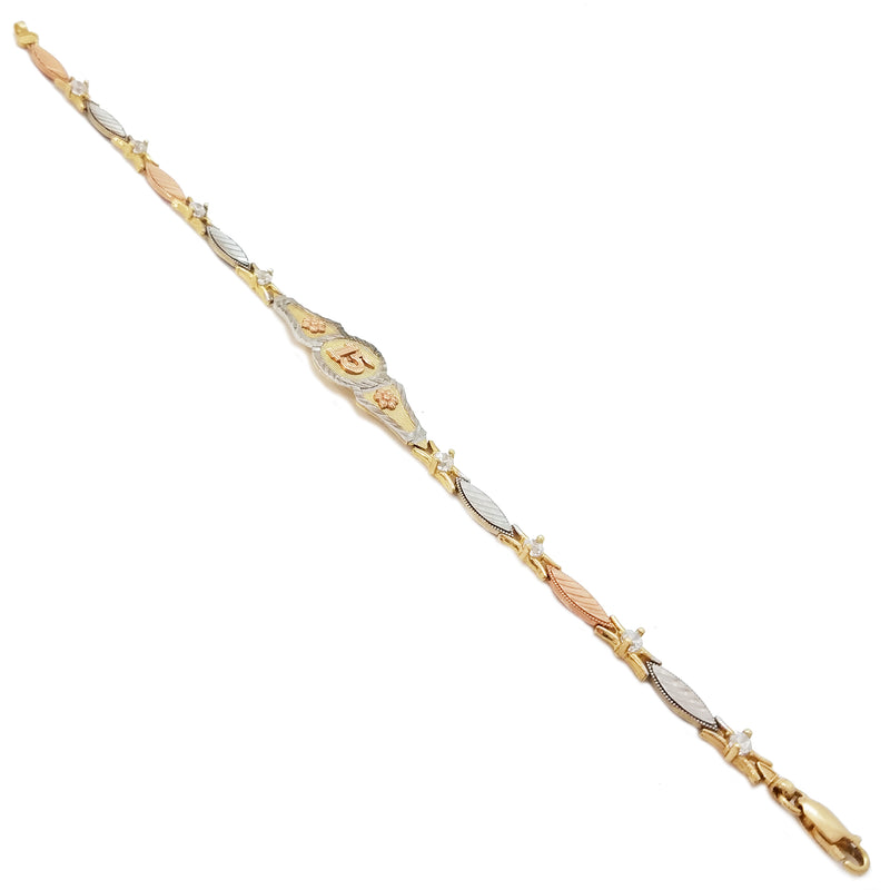 Quinceañera Number 15 Motif Tri-Color Gold Bracelet (14K)
