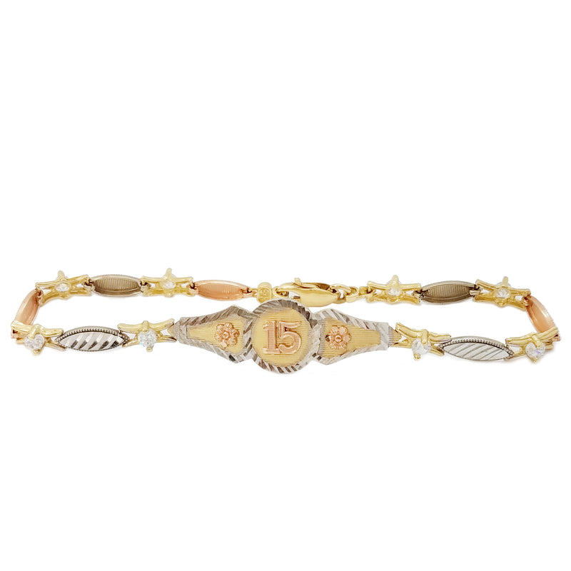 Quinceañera Number 15 Motif Tri-Color Gold Bracelet (14K)