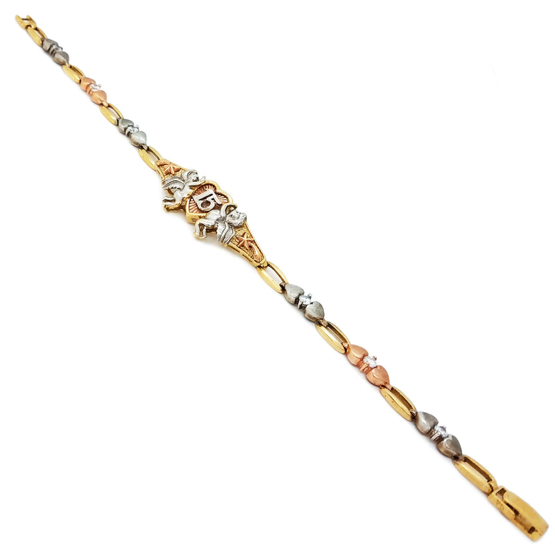Cubic Zirconia (CZ) 15 Birthday / Quiceañera Tri-Color Gold Bracelet (14K).