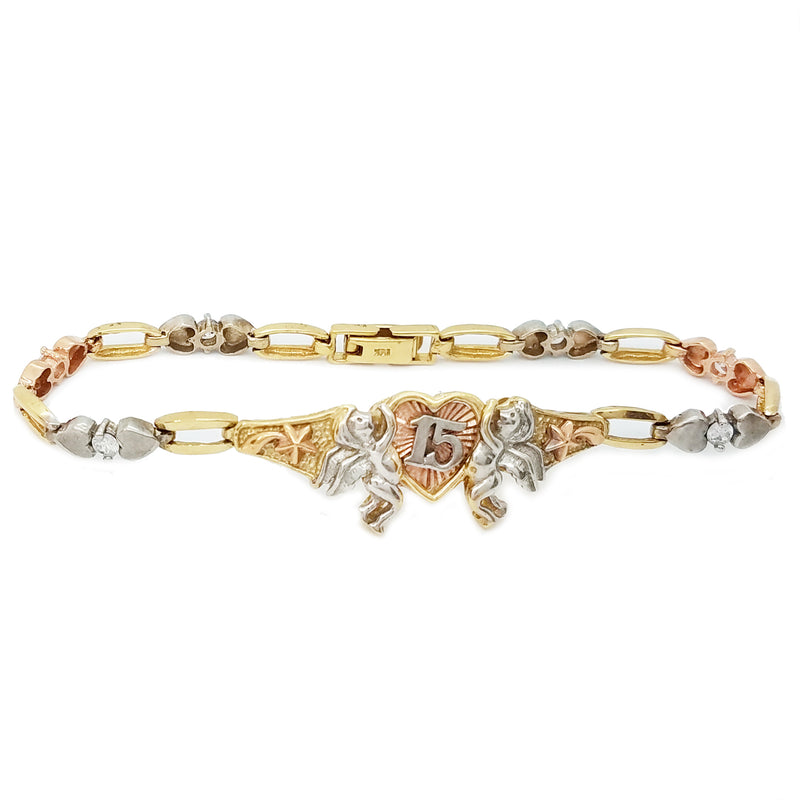 Cubic Zirconia (CZ) 15 Birthday / Quiceañera Tri-Color Gold Bracelet (14K).