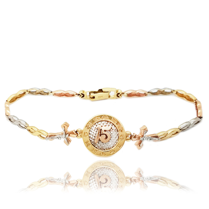 15 Birthday / Quiceañera With Zodiac Symbols Tri-Color Gold Bracelet (14K)