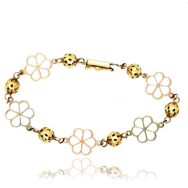 Flower Charm Tri-Color Gold Bracelet (14K).