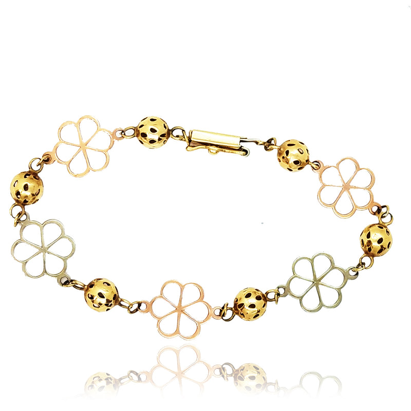 Flower Charm Tri-Color Gold Bracelet (14K)