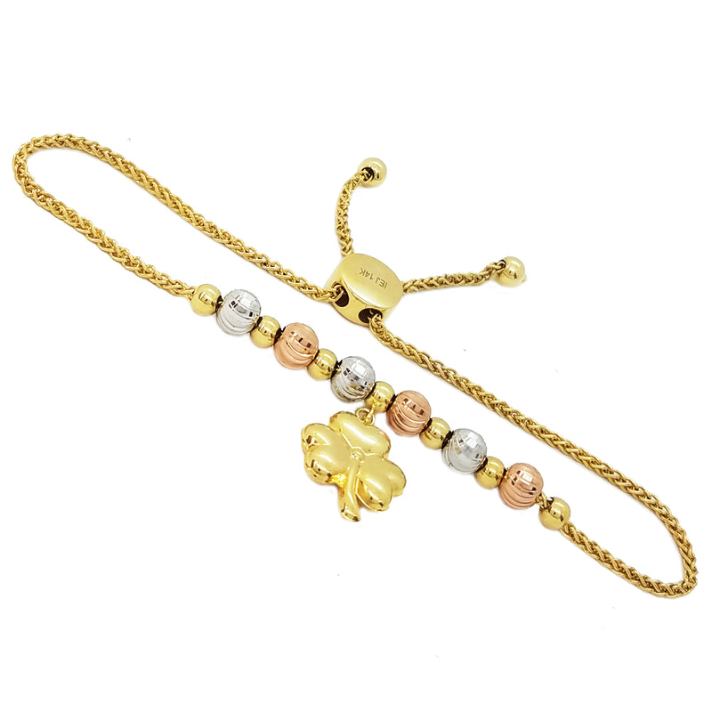 Three-Leaf Clover Adjustable Tri-Color Gold Bracelet (14K)