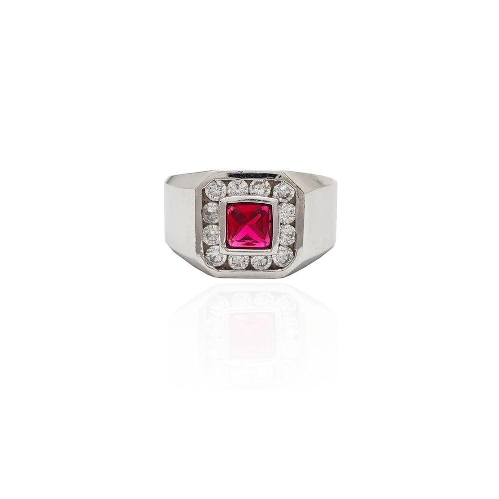 Bezel Set Square Red Stone Halo CZ Ring (14K).