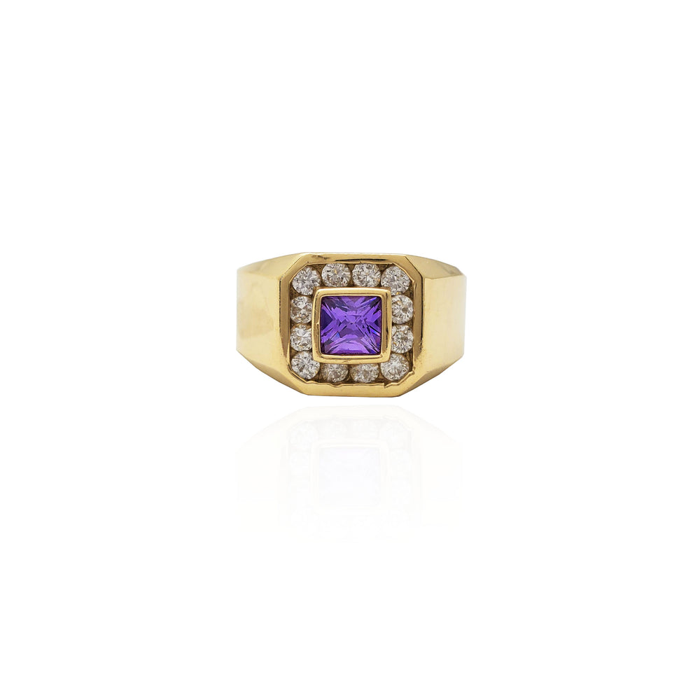 Bezel Set Square Purple Stone Halo CZ Ring (14K).