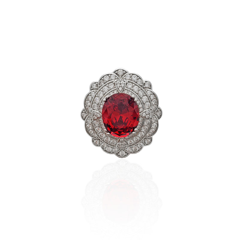 Flower Red Center Stone CZ Ring (Silver).