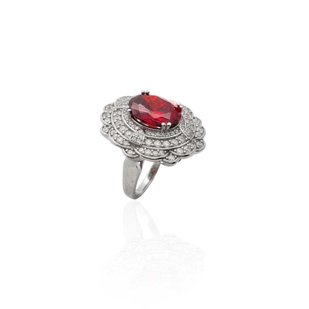 Flower Red Center Stone CZ Ring (Silver).