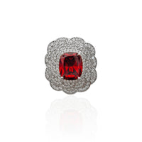 Flower Red Center Stone CZ Ring (Silver).