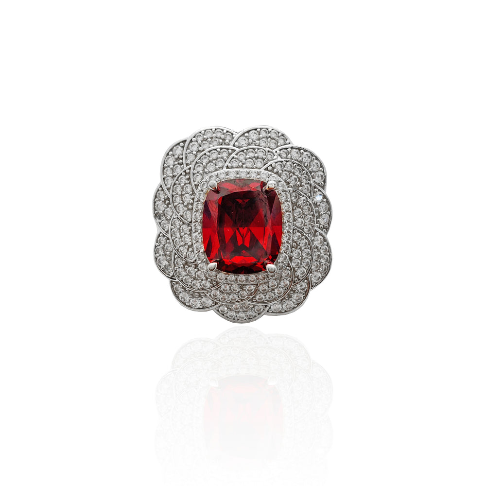 Flower Red Center Stone CZ Ring (Silver).