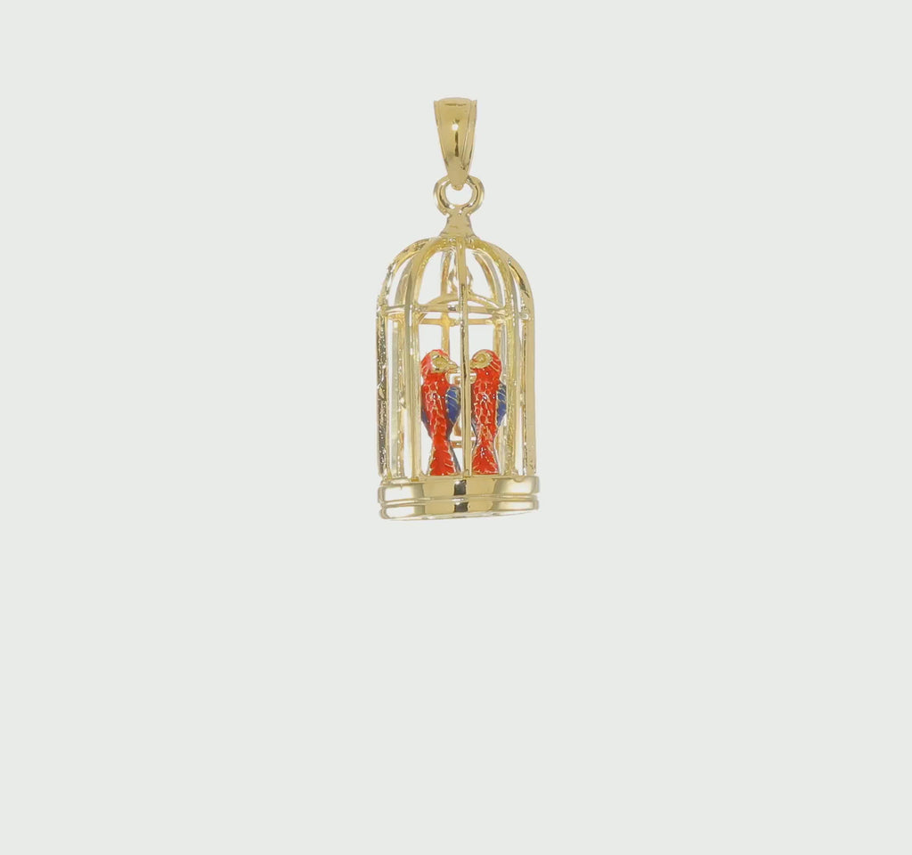 Scarlet Macaw Bird Duo in Cage Pendant (14K) 360 - Popular Jewelry - New York