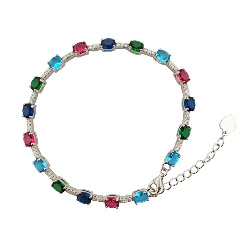 Multicolor Oval Stone Tennis Bracelet (Silver)