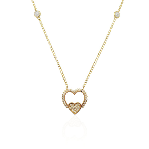 Double Heart CZ Pendant Necklace (14K).