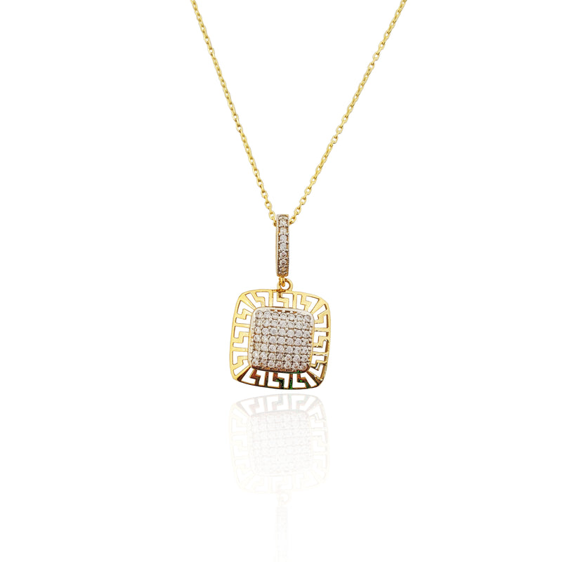 Greek Key Framed Gemstone Necklace (14K)
