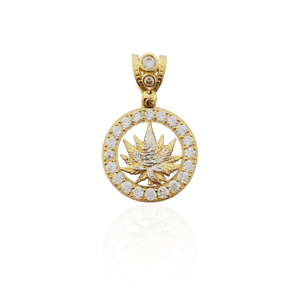 Two-tone Circle Cannabis Leaf CZ Pendant (14K).