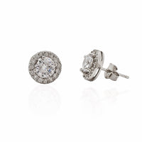 Round Stone Halo Stud Earrings (Silver)