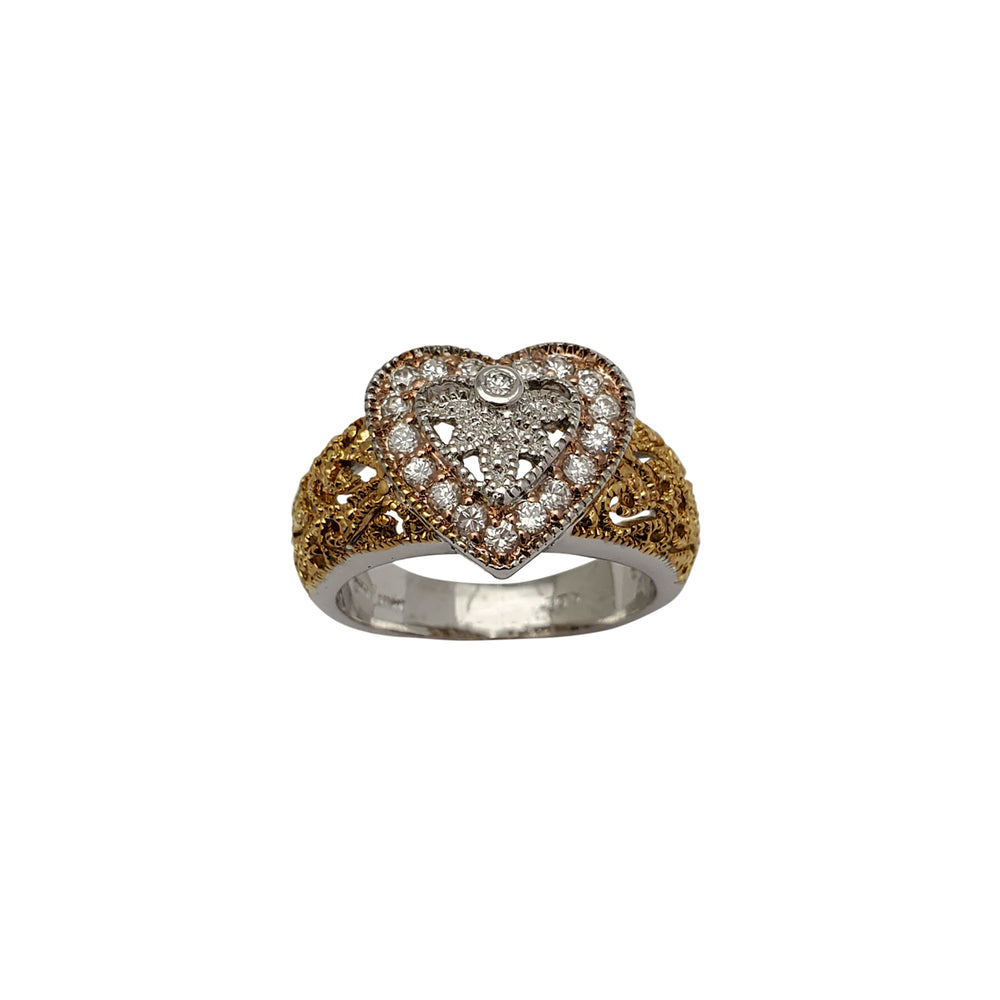 Tricolor Textured Heart Fancy Lady Ring (Silver)